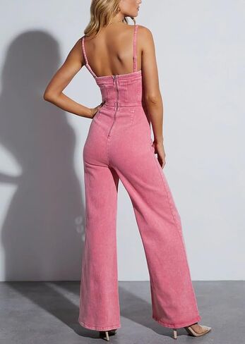 Women's Casual Denim Jumpsuit Sleeveless Adjustable Strap Stretchy Flare Jeans Long Pants Rompers in Saudi Arabia