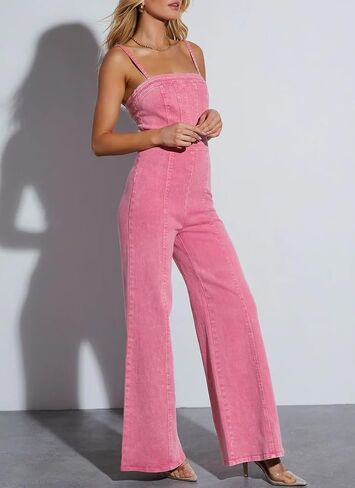 Women's Casual Denim Jumpsuit Sleeveless Adjustable Strap Stretchy Flare Jeans Long Pants Rompers in Saudi Arabia