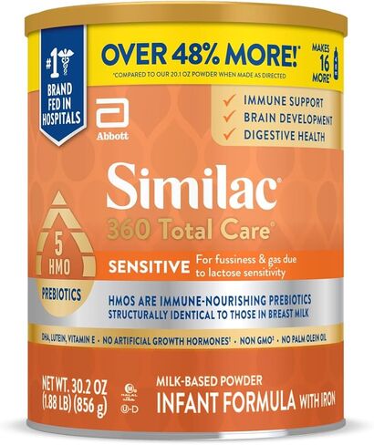 Similac 360 Total Care Sensitive Infant Formula, with 5 HMO Prebiotics, for Fussiness & Gas Due to Lactose Sensitivity, Non-GMO, Baby Formula Powder, 20.1-oz Tub in Saudi Arabia