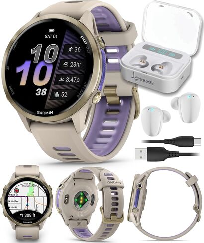 Wearable4U Garmin Forerunner 255 Music GPS Running 46 mm Smartwatch, Advanced Insights, Long-Lasting Battery, Whitestone White Earbuds Bundle in Saudi Arabia