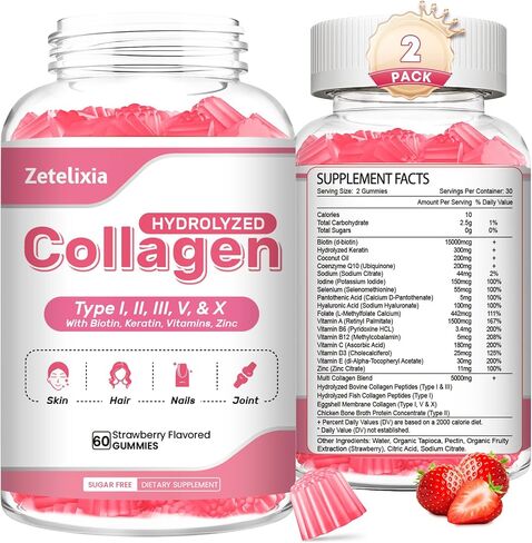 2 Pack Collagen Gummies for Women Men, Hydrolyzed Collagen Peptide Type I,II,III,V,X with Biotin, Vitamin C A B D E for Skin Hair Nails J0ints, Immunity Energy Digestion, Sugar Free, 120 Count in Kuwait
