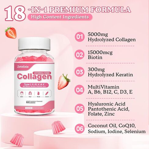 2 Pack Collagen Gummies for Women Men, Hydrolyzed Collagen Peptide Type I,II,III,V,X with Biotin, Vitamin C A B D E for Skin Hair Nails J0ints, Immunity Energy Digestion, Sugar Free, 120 Count in Kuwait