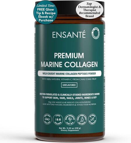 ENSANTE Premium Marine Collagen Peptides Powder Unflavored, Clinically Backed Type I II III IV Collagen, Wild Deep Sea Collagen with Organic Camu Camu Vitamin C for Hair Skin Nail Joint, Lab Tested in Saudi Arabia