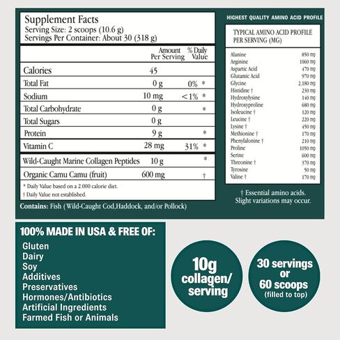 ENSANTE Premium Marine Collagen Peptides Powder Unflavored, Clinically Backed Type I II III IV Collagen, Wild Deep Sea Collagen with Organic Camu Camu Vitamin C for Hair Skin Nail Joint, Lab Tested in Saudi Arabia
