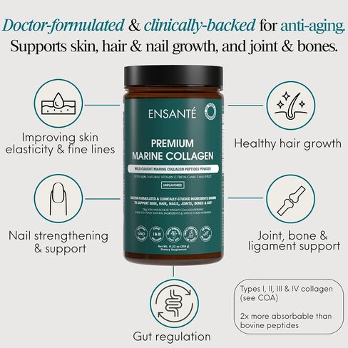 ENSANTE Premium Marine Collagen Peptides Powder Unflavored, Clinically Backed Type I II III IV Collagen, Wild Deep Sea Collagen with Organic Camu Camu Vitamin C for Hair Skin Nail Joint, Lab Tested in Saudi Arabia