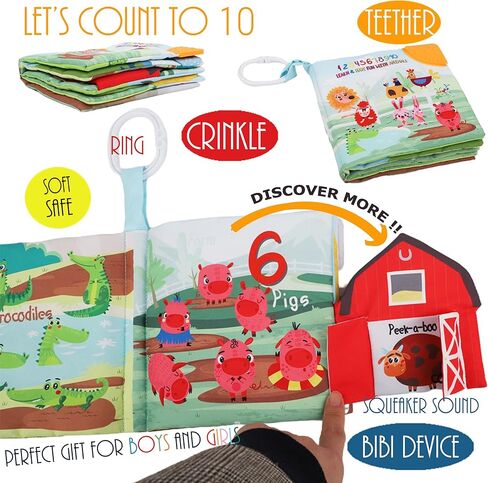 Baby Toys 0-6 Months Soft Cloth Crinkle Books for Babies Infants Toddlers Baby Books 6 to 12 Months,Baby Items Gifts Shower,High Contrast Soft Toys Teether Teething Toy Black White Fish Octopus Shark in Kuwait