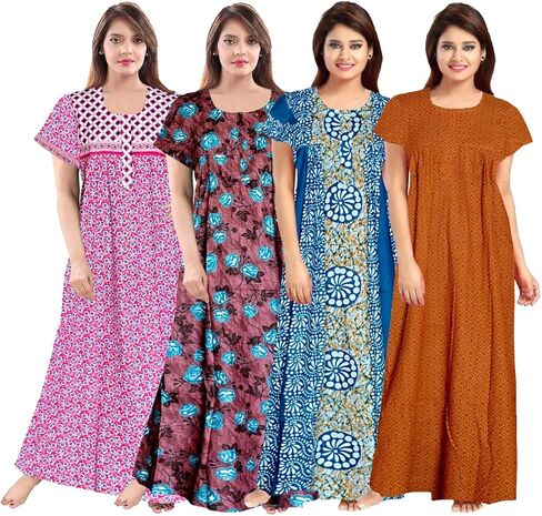 طبعت جايبوري للسيدات 100 ٪ من القطن الناعم الهندي بطول كامل الطول/نوم/ملابس نوم الحجم الحجم حزمة اللباس الليلي من 4 in Kuwait