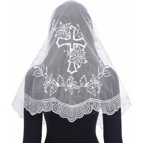 Bozidol Church Catholic Veils for Women, Long D Shaped Floral and Cross Chapel Veil, Latin Mass Lace Mantilla Head Coverings