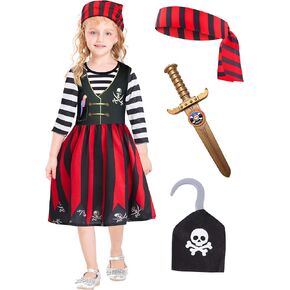 Girls Pirate Costume, 4 Pcs Sea Buccaneer Dress Scarf Sword Outfit for Kids Toddlers Dress Up Halloween 3-10 Years