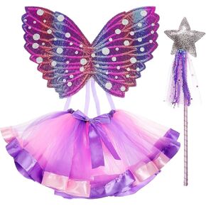مجموعة الأزياء الخيالية: Fairy Butterfly Wings Princess Wand Tutu Skirt Outfit for Girls Dress Up Halloween Party Cosplay Assplay