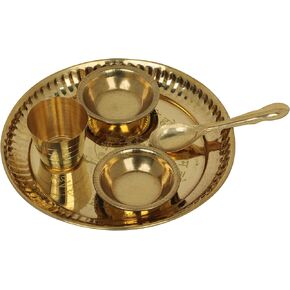 Brass Bhog Thali 11cm Plate Laddu Gopal/Krishna Pooja Set with 1 Thali 2 Katori, 1 Glass, 1 Spoon for Temple Home Office Festival Diwali Gift Golden, SAC690