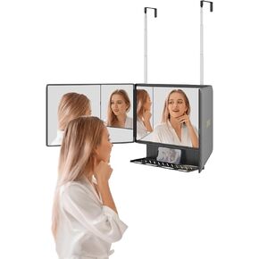 Dripex 3 Way Mirror with Storage Shelf and 3 Color LED Lights, Rechargeable Trifold Self Haircut 360° Mirror with Height Adjustable Hooks for Makeup, Styling, Shaving, Braiding, Dye Hair (Black)