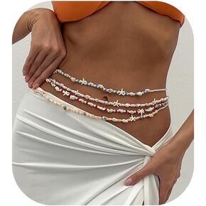 4Pcs Colorful Beaded Waist Chain Jewelry Set,Summer Beach Starfish Shell Pendant Belly Body Chains,Bikini Layered Pearl Waist Belly Chain for Women