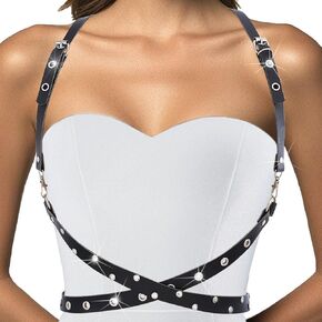 BODIY Studded Leather Chest Belt Black Chest Harness Punk Waist Belt Chain Rave Adjustable Body Accessories for Women