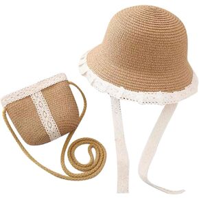 Little Girls Straw Hat with Lace Brim, Crossbody Mini Bag Kids Summer Travel Beach Tea Party Sunhat