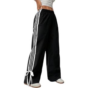 Wdirara Women's Petite Side Striped Bowknot Track Pants مرنة الخصر على عريض الساق الفضفاضة