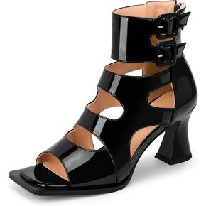 Women's Chunky Heel Sandals Ankle Strap Hollow Out Open Toe Back Zipper Summer Bootie