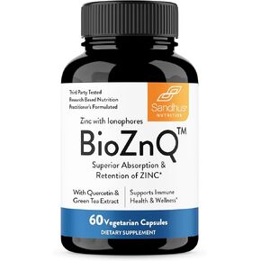 Sandhu's Zinc Supplement with Ionophores| Quercetin & Green Tea Extract for Superior Absorption and High Potency| 800mg Vegetarian Capsules 60 Count (Pack of 1)| Immune Support for Men & Women