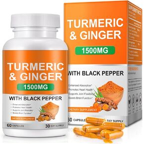 Turmeric Supplement, Turmeric Curcumin with Black Pepper Extract 1500mg, Turmeric Curcumin Supplement Boost Immunity, Promote Healthier Joints and Mind and Body - 60 Capsules
