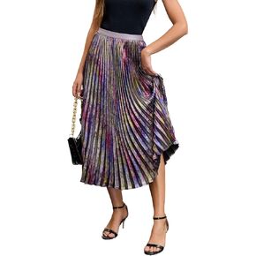 Women’s Colorful Metallic Pleated Midi Skirt – High Waist Gradient A-Line Skirt with Shiny Finish for Party, Holiday, Date Night, or Office