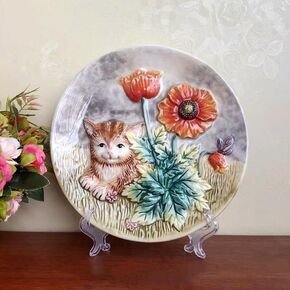 Ceramic Collections Plate, 3D Hand Painted Cat and Flower Decorative Tray with Display Stand -8"