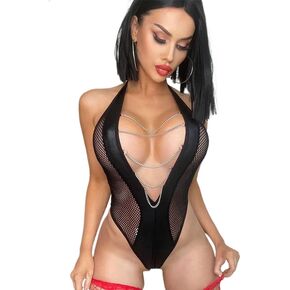 الملابس الداخلية تيدي مع سلاسل - شبكة وشبه الحرير ، وقميص babydoll الأسود ، والجسم ، الأسود