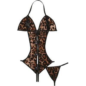 MakeMeChic Women's Lingerie Sets Leopard Print Bow Knot Halter Teddy Bodysuit with Thongs