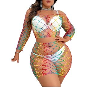 WDIRARA Women's Plus Size 2 Piece Lingerie Set Cut Out Fishnet Underwear Long Sleeve Top and Mini Skirt Sets