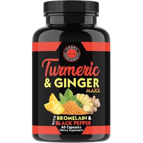 Angry Supplements Turmeric Ginger Maxx 60 Capsules – w. Turmeric, Ginger Root, Omega 3, Bromelain, Quercetin & Black Pepper Extract – Natural Wellness & Antioxidant for Men & Women (1-Bottle)