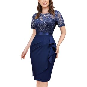 Miusol Women's Elegant Sequin Floral Lace Scoop Neck Ruffle Style Cocktail Party Dress