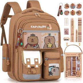 Capybara Backpack for Kids 17PCS - Cartoon Schoolbag Backpack Laptop Bookbags for Boys Girls Anti-Theft Travel Casual Daypacks New Semester Gifts Set with Pins, Keychian, Stationer