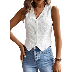 SHENHE Women's Eyelet Embroidery V Neck Button Up Vest Boho Sleeveless Blouse Top