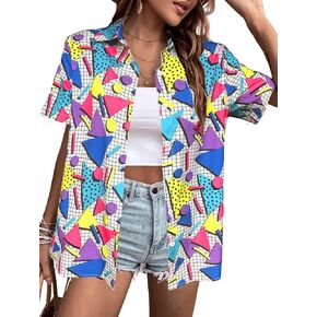 80s 90s Outfits for Women Hawaiian Retro Party Disco Neon Outfits Neon Short Sleeve Button Down Blouse Tops