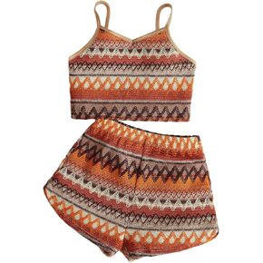 ملابس Makemechic Girl المكونة من 2 قطعة Chevron طباعة السباغيتي حزام كامي أعلى وسروال شورت