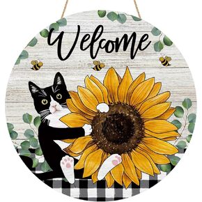 Welcome Sunflower Cat Door Sign Wood Door Hanger for Outdoor Outside Porch Farmhouse Spring Summer Seasonal Wooden Indoor Wall Hanging Decoration