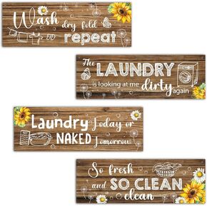 4 Pcs Laundry Room Decor, Sunflowers Laundry Decor Wooden Sign, Funny Sunflowers Laundry Wooden Hanging Sign, Rustic Sunflowers Wall Art For Laundry Bathroom Restroom Home Farmhouse A04