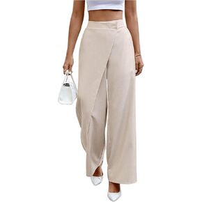 Wdirara Women's Wrap Front Wide Bants Long Pants مرنة الخصر سراويل فضفاضة صلبة