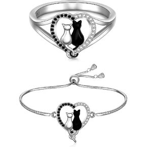 Cat Bracelet and Ring Size 8 Sterling Silver Women Cats Rings for Women Animal Black Cats Jewelry Birthday Gifts for Her