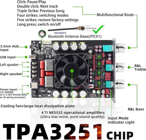 220W+220W Bluetooth Amplifier Board with Treble and Bass Control DC 12-36V, 2.0 Channel Stereo Amp Board,Bluetooth/AUX/USB Input in Kuwait