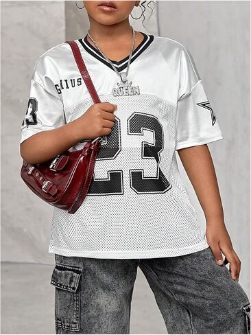 WDIRARA Girl's Number Graphic Jersey Shirts Short Sleeve V Neck Tees Oversized T-Shirt Tops in Saudi Arabia