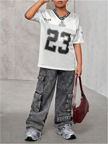 WDIRARA Girl's Number Graphic Jersey Shirts Short Sleeve V Neck Tees Oversized T-Shirt Tops in Saudi Arabia