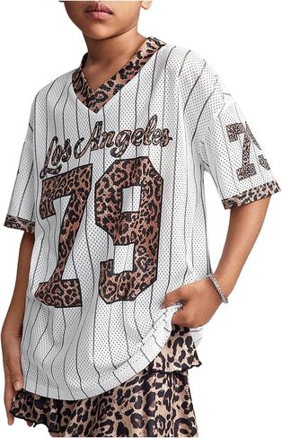 WDIRARA Girl's Number Graphic Jersey Shirts Short Sleeve V Neck Tees Oversized T-Shirt Tops in Saudi Arabia