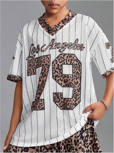 WDIRARA Girl's Number Graphic Jersey Shirts Short Sleeve V Neck Tees Oversized T-Shirt Tops in Saudi Arabia