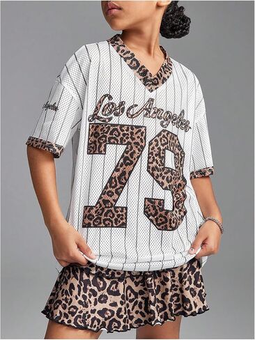 WDIRARA Girl's Number Graphic Jersey Shirts Short Sleeve V Neck Tees Oversized T-Shirt Tops in Saudi Arabia