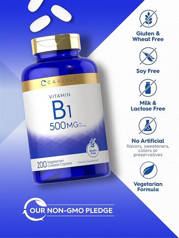 Carlyle Vitamin B1 | 250mg | 120 Caplets | Thiamin Mononitrate | Vegetarian, Non-GMO, and Gluten Free Supplement in Saudi Arabia