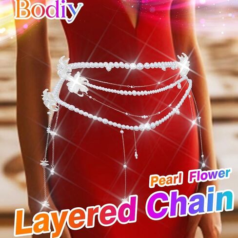 BODIY Pearl Waist Chain Belt Pearl Dress Chain Layered Waist Chain Summer Beach Body Accessories for Women in Saudi Arabia