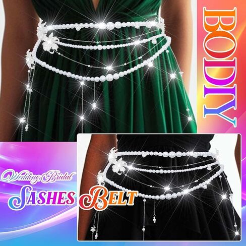 BODIY Pearl Waist Chain Belt Pearl Dress Chain Layered Waist Chain Summer Beach Body Accessories for Women in Saudi Arabia