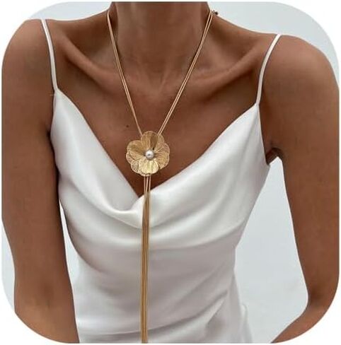 Long Tassel Clavicle Chain Necklace Summer Beach Flower Pendant Body Chain Necklace Metal Y Shape Floral Chest Chain Jewelry for Women in Kuwait