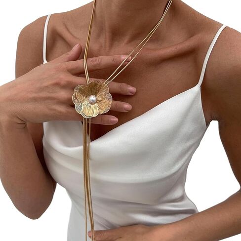 Long Tassel Clavicle Chain Necklace Summer Beach Flower Pendant Body Chain Necklace Metal Y Shape Floral Chest Chain Jewelry for Women in Kuwait