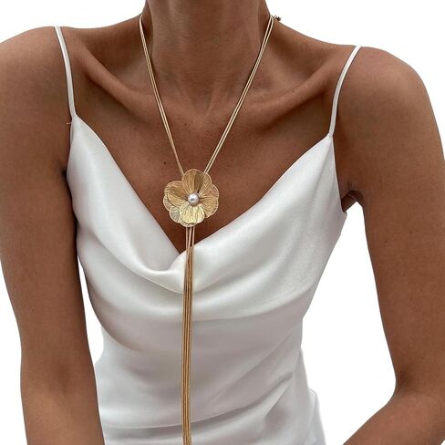 Long Tassel Clavicle Chain Necklace Summer Beach Flower Pendant Body Chain Necklace Metal Y Shape Floral Chest Chain Jewelry for Women in Kuwait